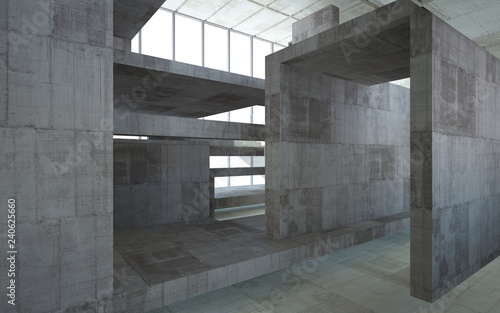 Abstract concrete interior multilevel public space with window. 3D illustration and rendering.