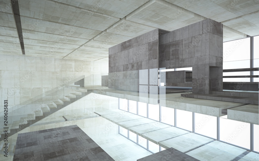 Obraz premium Abstract concrete interior multilevel public space with window. 3D illustration and rendering.