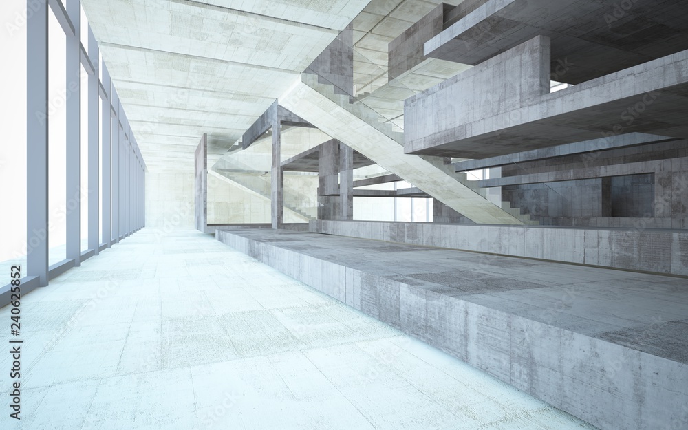Obraz premium Abstract concrete interior multilevel public space with window. 3D illustration and rendering.