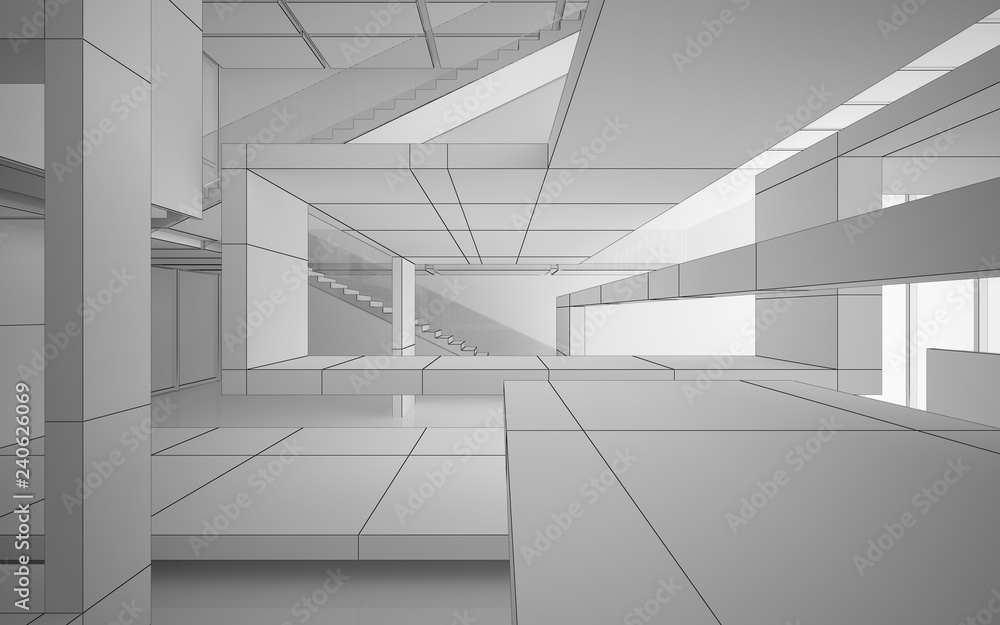 Fototapeta premium Abstract drawing white interior multilevel public space with window. 3D illustration and rendering.