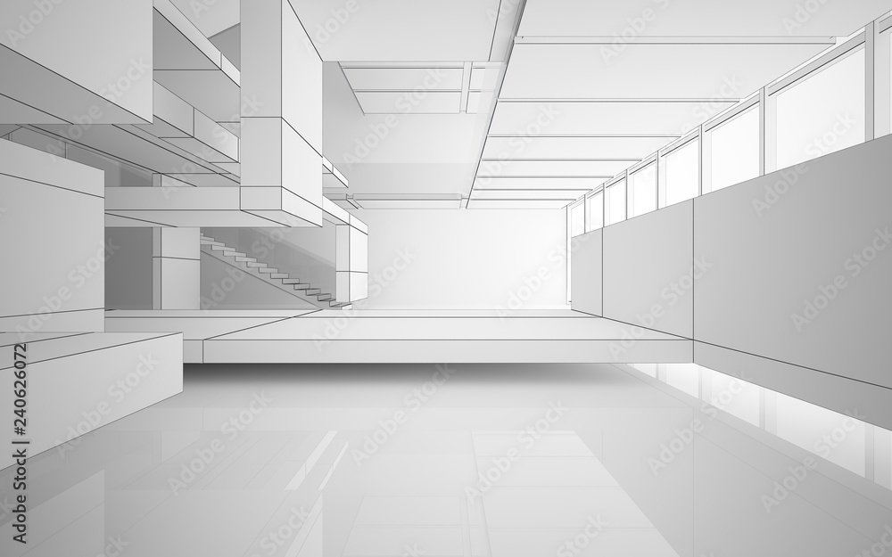 Fototapeta premium Abstract drawing white interior multilevel public space with window. 3D illustration and rendering.