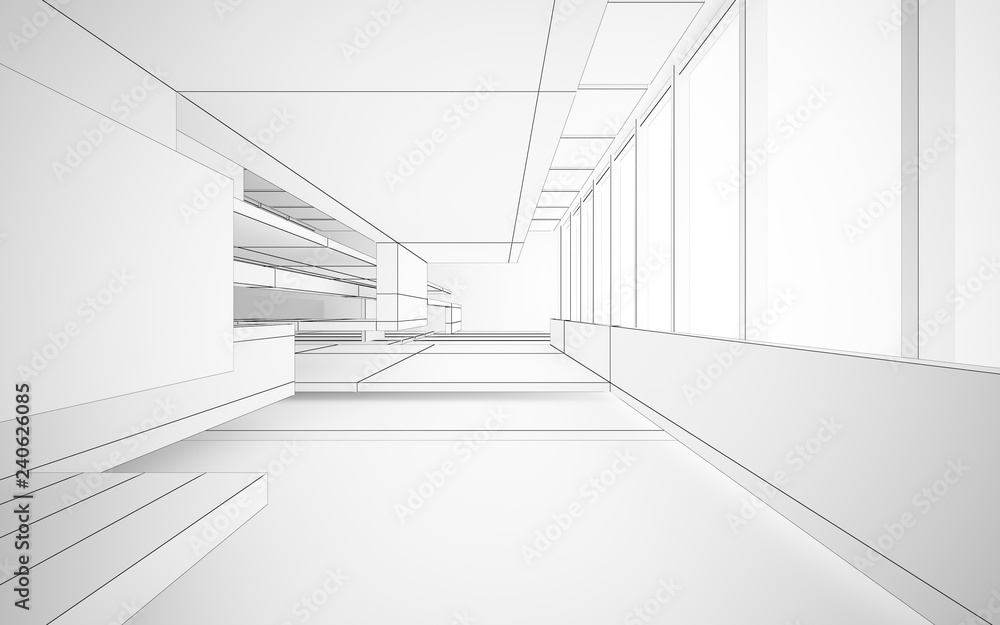 Obraz premium Abstract drawing white interior multilevel public space with window. 3D illustration and rendering.
