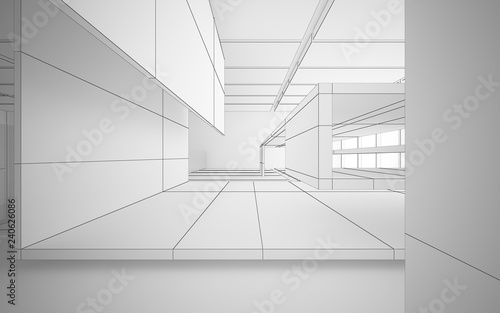 Abstract drawing white interior multilevel public space with window. 3D illustration and rendering.