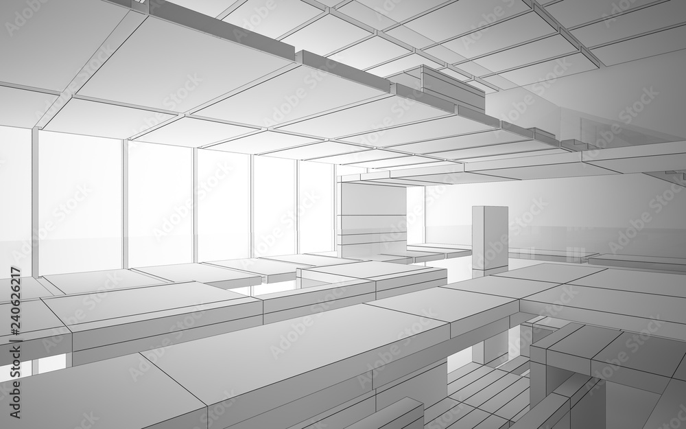 Abstract drawing white interior multilevel public space with window. 3D illustration and rendering. Abstract drawing white interior multilevel public space with window. 3D illustration and rendering.