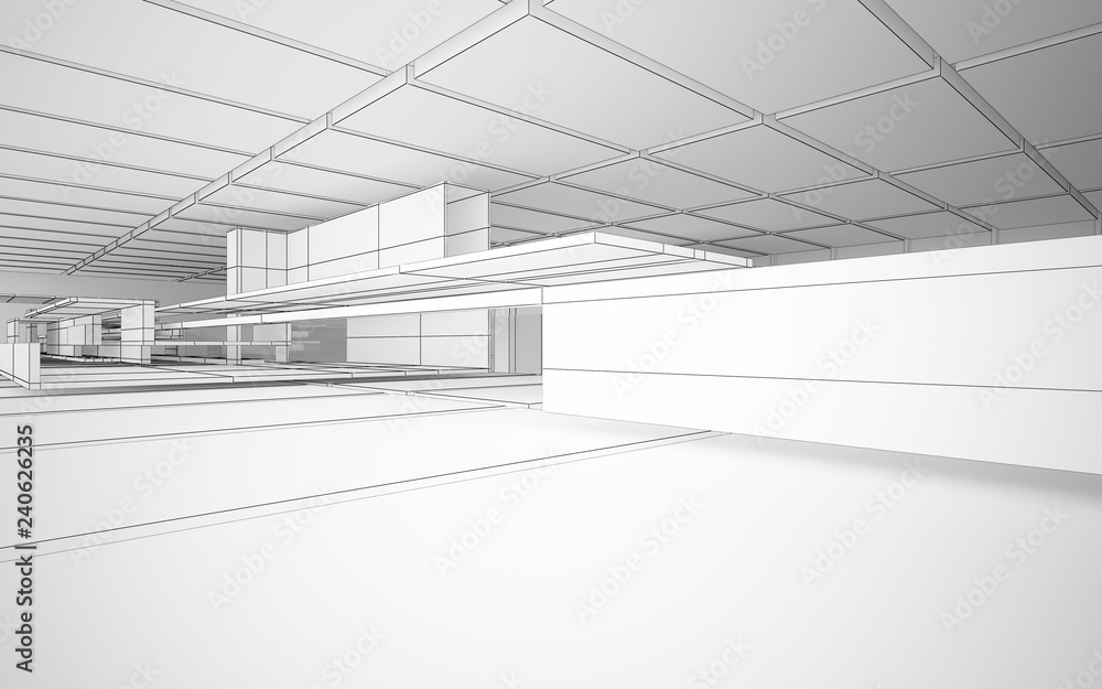 Abstract drawing white interior multilevel public space with window. 3D illustration and rendering. Abstract drawing white interior multilevel public space with window. 3D illustration and rendering.