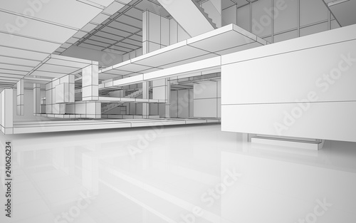 Abstract drawing white interior multilevel public space with window. 3D illustration and rendering.