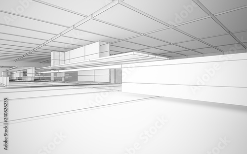 Abstract drawing white interior multilevel public space with window. 3D illustration and rendering.