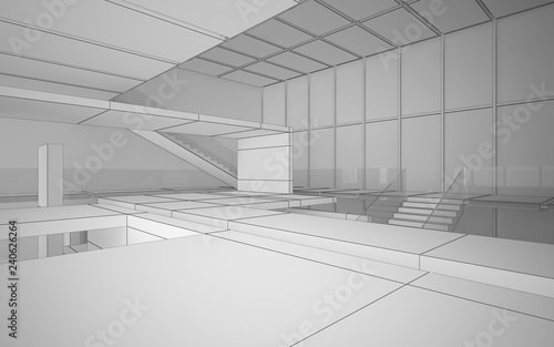 Abstract drawing white interior multilevel public space with window. 3D illustration and rendering.