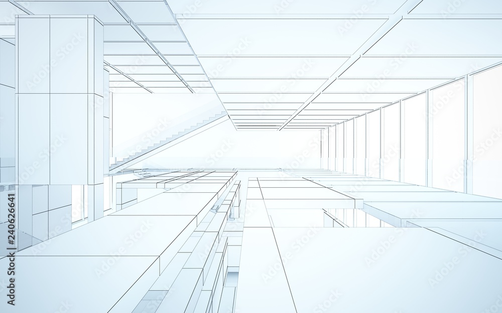 Abstract drawing white interior multilevel public space with window. 3D illustration and rendering. Abstract drawing white interior multilevel public space with window. 3D illustration and rendering.