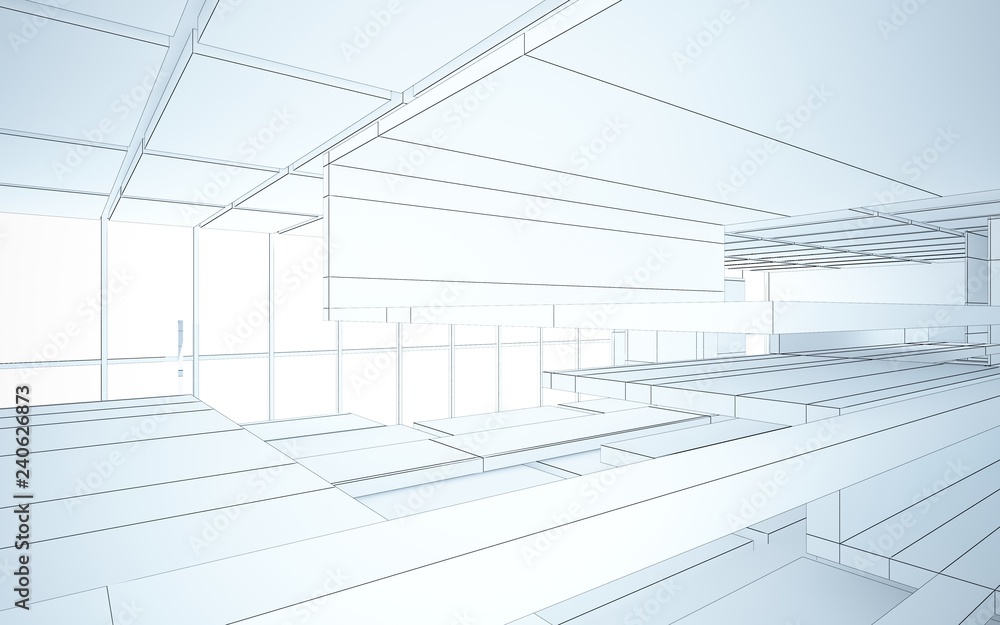 Abstract drawing white interior multilevel public space with window. 3D illustration and rendering. Abstract drawing white interior multilevel public space with window. 3D illustration and rendering.