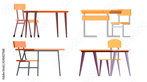 School Desk Set Vector. Chipboard, Chir. Classic Empty Wooden And Metal Furniture. Isolated Cartoon Illustration