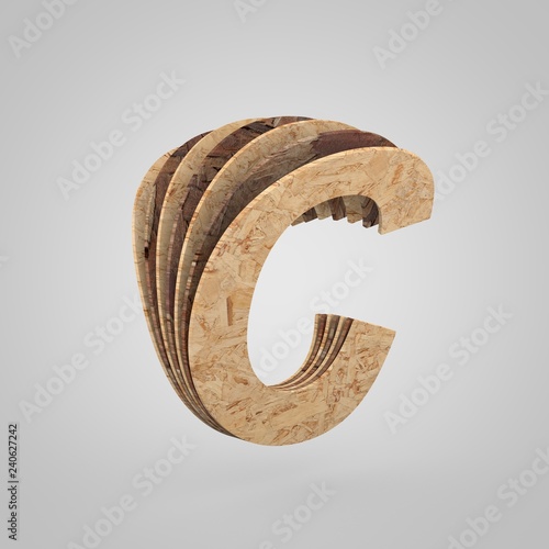 3D wooden letter C uppercase. 3D rendering chipboard font. Cutaway plywood alphabet