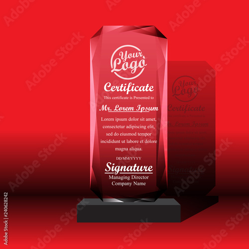 Crystal trophy certificate design template on red background.