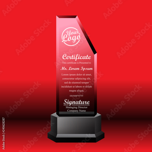Crystal trophy certificate design template on red background.