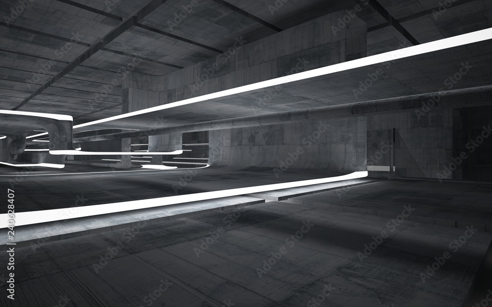 Empty dark abstract concrete room smooth interior. Architectural background. Night view of the illuminated. 3D illustration and rendering Empty dark abstract concrete room smooth interior. Architectural background. Night view of the illuminated. 3D illustration and rendering