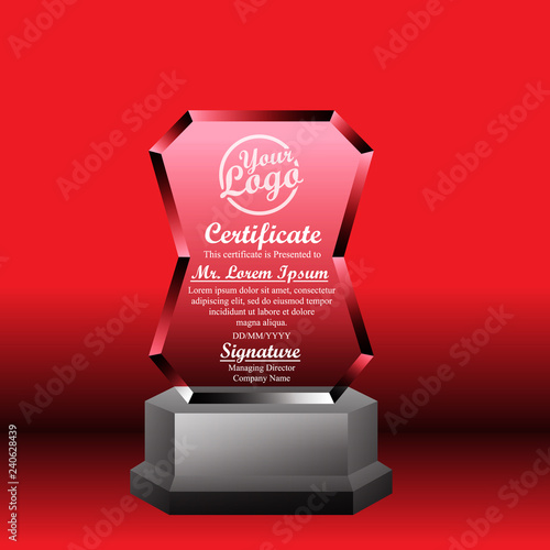 Crystal trophy certificate design template on red background.