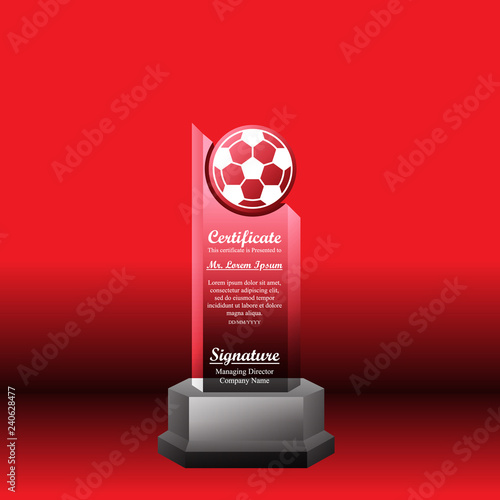 Crystal trophy certificate design template on red background.