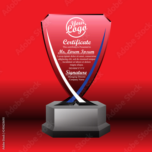 Crystal trophy certificate design template on red background.