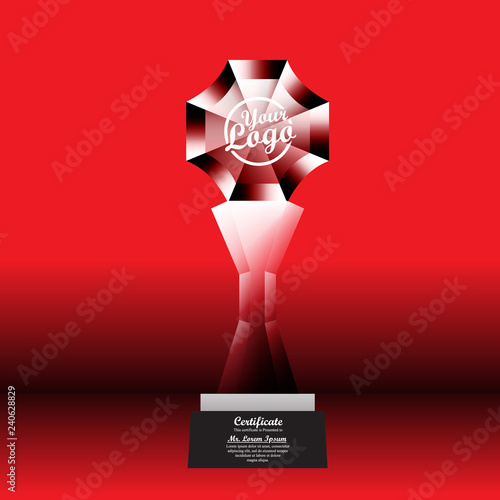 Crystal trophy certificate design template on red background.