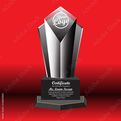 Crystal trophy certificate design template on red background.