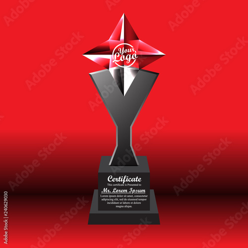 Crystal trophy certificate design template on red background.