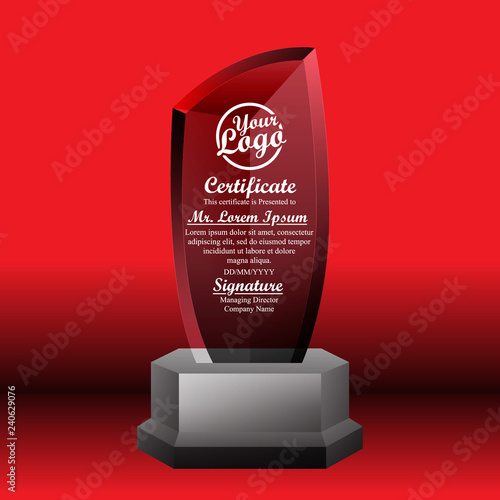 Crystal trophy certificate design template on red background.