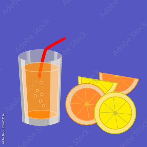 Refreshing carbonated lemon and orange cocktail isolated with blue background.