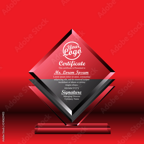Crystal trophy certificate design template on red background.