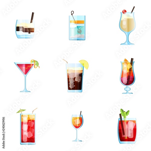 Set of Nine Tropical Cocktails. White Russian, Tom Collins, Pina Colada