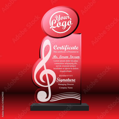 Crystal trophy certificate design template on red background.