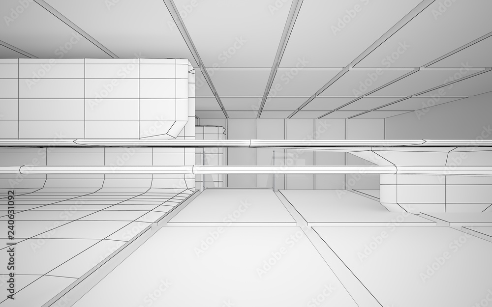 Abstract drawing white interior multilevel public space with window. 3D illustration and rendering. Abstract drawing white interior multilevel public space with window. 3D illustration and rendering.