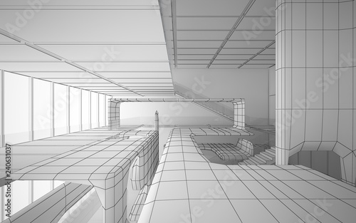 Abstract drawing white interior multilevel public space with window. 3D illustration and rendering.