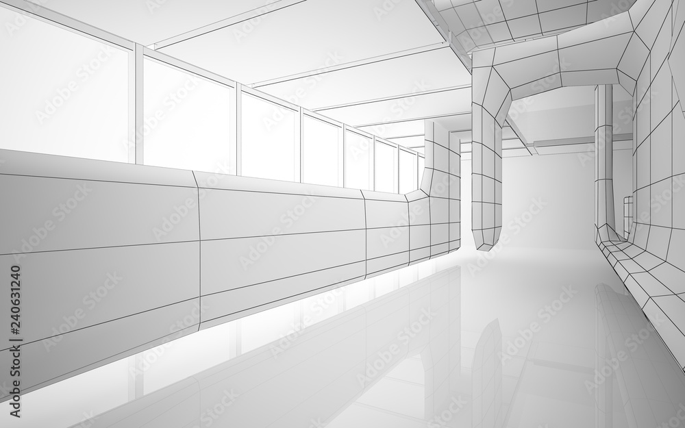 Fototapeta premium Abstract drawing white interior multilevel public space with window. 3D illustration and rendering.