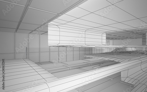 Abstract drawing white interior multilevel public space with window. 3D illustration and rendering.