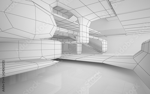 Abstract drawing white interior multilevel public space with window. 3D illustration and rendering. © SERGEYMANSUROV