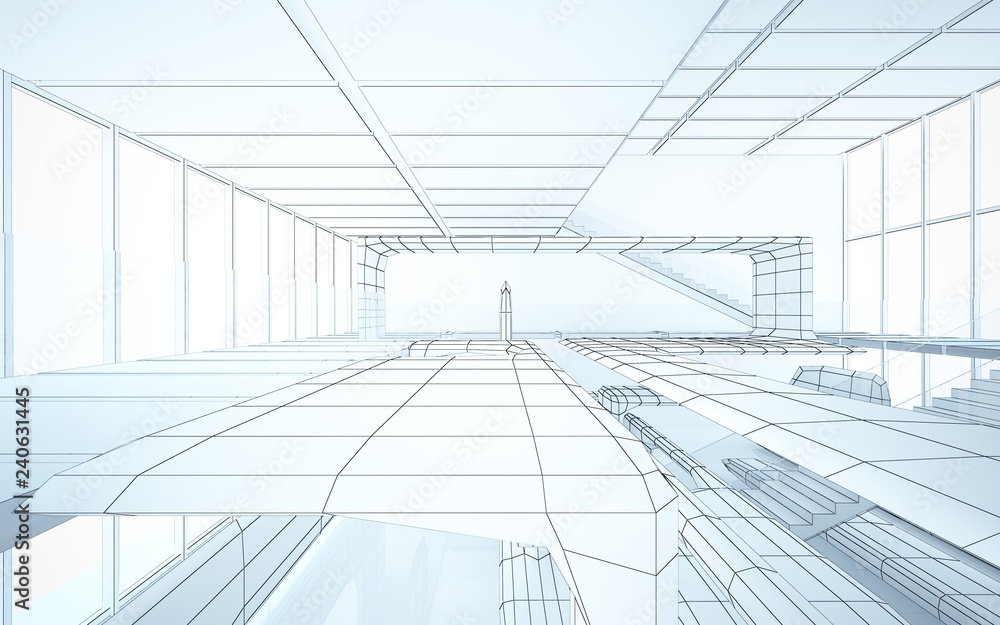 Abstract drawing white interior multilevel public space with window. 3D illustration and rendering. Abstract drawing white interior multilevel public space with window. 3D illustration and rendering.