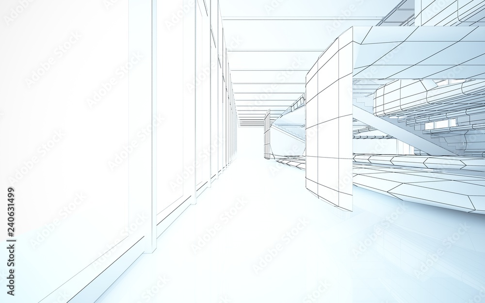 Abstract drawing white interior multilevel public space with window. 3D illustration and rendering. Abstract drawing white interior multilevel public space with window. 3D illustration and rendering.
