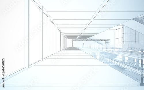 Abstract drawing white interior multilevel public space with window. 3D illustration and rendering.