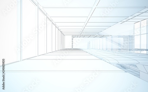 Abstract drawing white interior multilevel public space with window. 3D illustration and rendering.