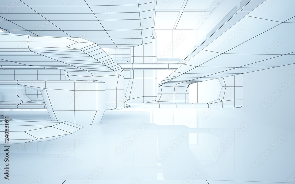 Abstract drawing white interior multilevel public space with window. 3D illustration and rendering. Abstract drawing white interior multilevel public space with window. 3D illustration and rendering.