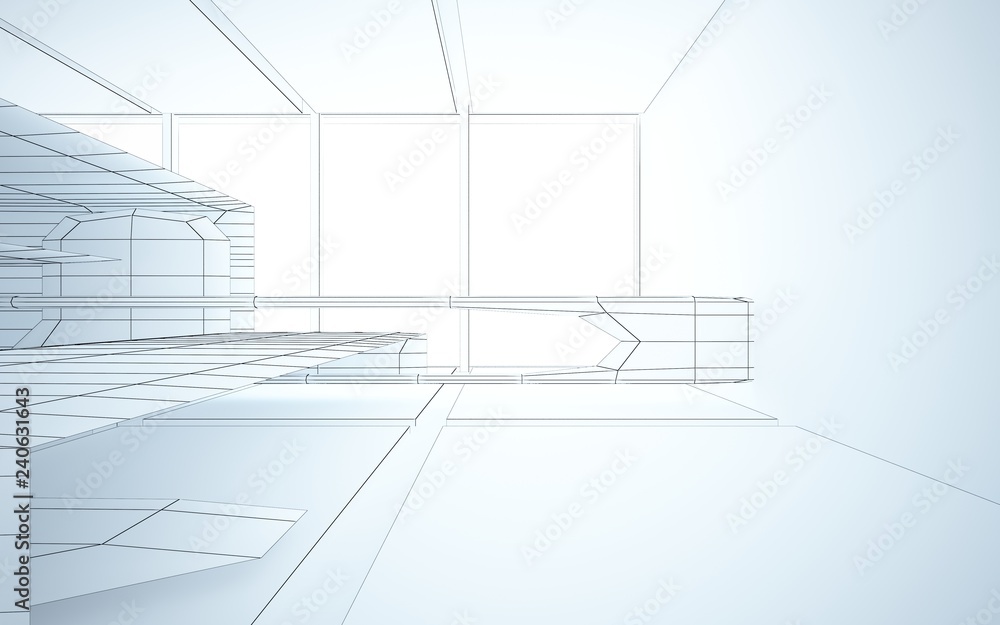 Abstract drawing white interior multilevel public space with window. 3D illustration and rendering. Abstract drawing white interior multilevel public space with window. 3D illustration and rendering.