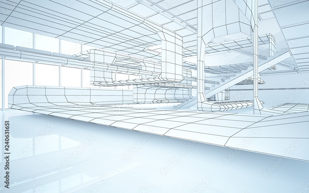 Abstract drawing white interior multilevel public space with window. 3D illustration and rendering. Abstract drawing white interior multilevel public space with window. 3D illustration and rendering.