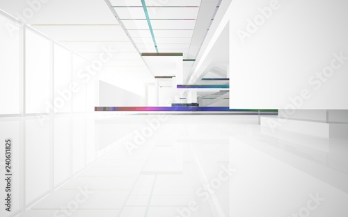 Abstract white and colored gradient glasses interior multilevel public space with window. 3D illustration and rendering.