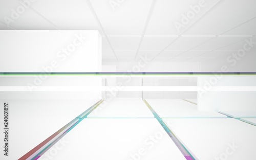 Abstract white and colored gradient glasses interior multilevel public space with window. 3D illustration and rendering.