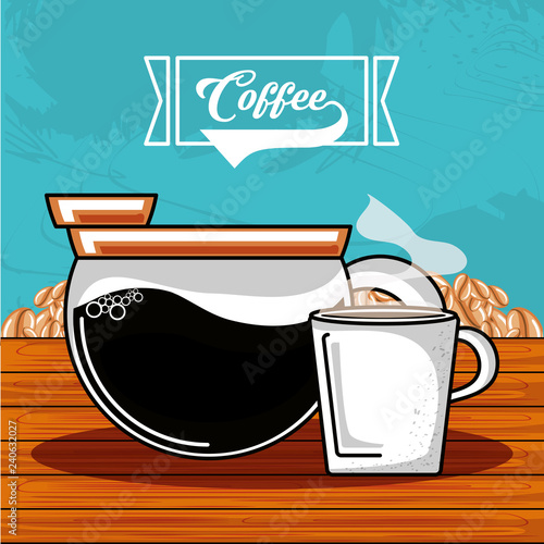 delicious cup of coffee with teapot in wooden table