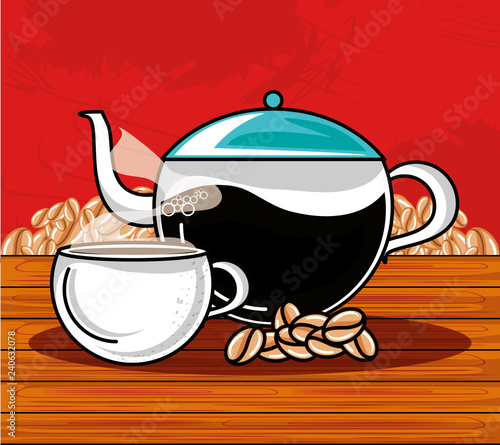 delicious cup of coffee with teapot in wooden table
