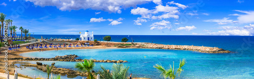 Cyprus island - best beaches. Scenic Louma beach with little church
