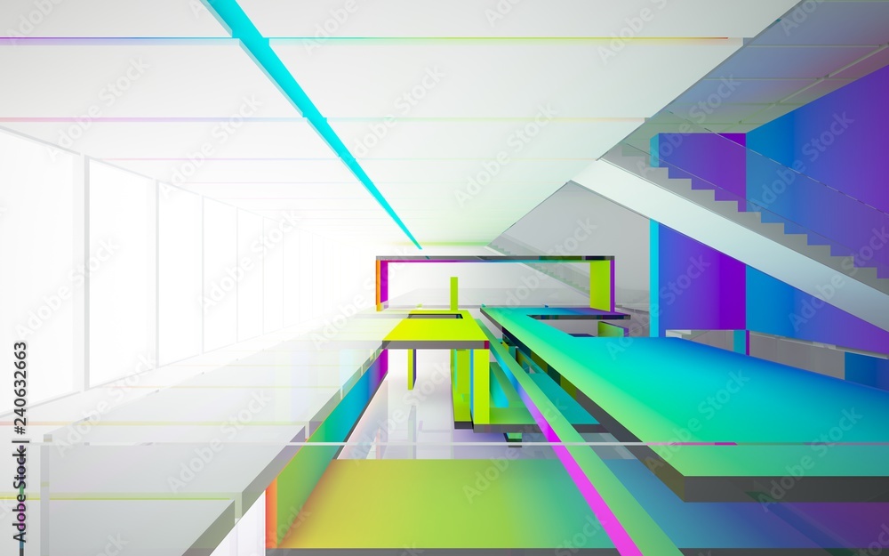 Abstract white and colored gradient glasses interior multilevel public space with window. 3D illustration and rendering.