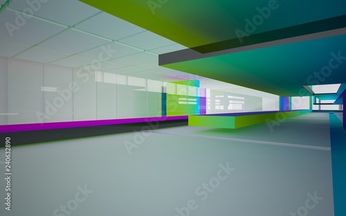 Abstract white and colored gradient glasses interior multilevel public space with window. 3D illustration and rendering. © SERGEYMANSUROV