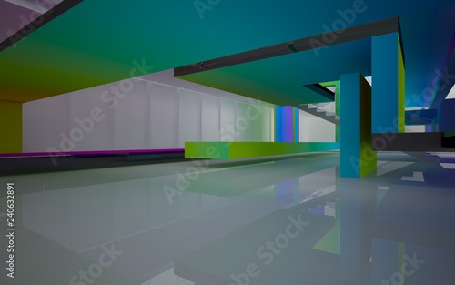 Abstract white and colored gradient glasses interior multilevel public space with window. 3D illustration and rendering.